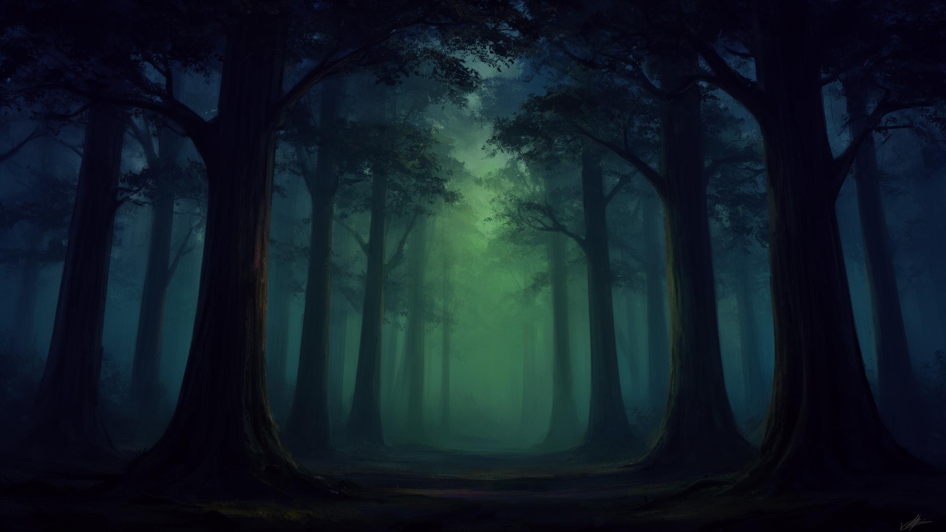 Misty forest at twilight
